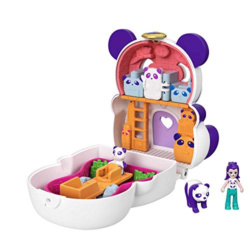 Polly Pocket Cofre con forma de oso panda, con muñeca y mascotas, juguete para niñas y niños +4 años (Mattel GTM58)
