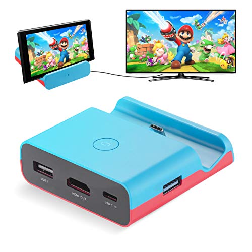 Powerextra - Adaptador para Nintendo Switch – Base de acoplamiento para TV portátil (sustituye a Nintendo Switch por un adaptador de TV de tipo C a HDMI MicroSD USB 3.0 2.0), color azul