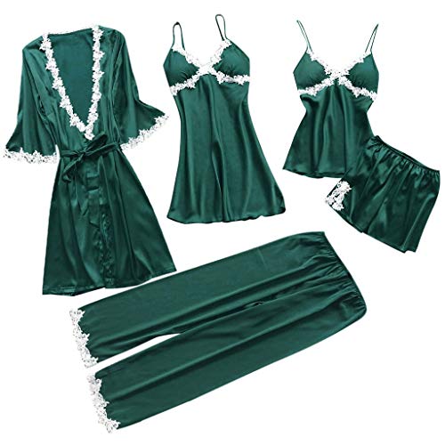 Proumy Conjunto Pijamas Mujer Verano Batas Sexy de Seda 5 Piezas Sets Camisola de Tiras Pantalones y Calzoncillos Kimono Cuello V Larga Chaleco de Encaje Floral Blanca Ropa de Dormir Vestido Verde
