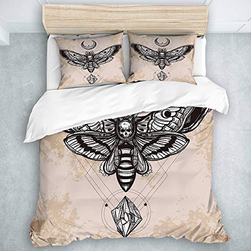 QINCO Bedding Juego de Funda de Edredón,Dead Head Hawk Moth Luna Stone Espiritual Magia Cráneo Ilustración,Microfibra (Cama 140x200 + Almohada 50X80),Single