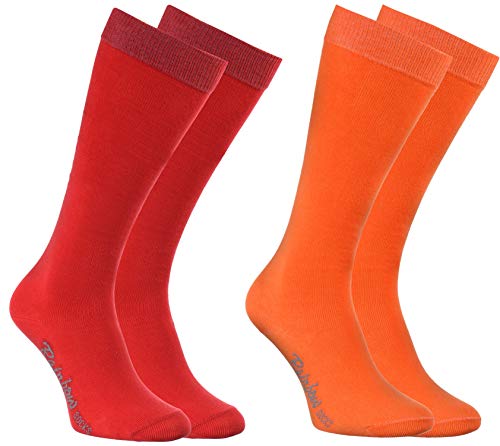 Rainbow Socks - Niño Niña Calcetines Largos Hasta la Rodilla - 2 Pares - Naranja Rojo - Talla 24-29