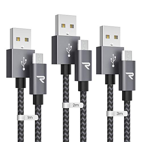 RAMPOW Cable Micro USB [3pack 1M+2M+3M], Trenzado de Nylon Cable Carga Rápida QC 3.0 y Sincronizació USB 2.0, 2.4A, Compatible con Android, Samsung Galaxy, Kindle, Sony, Nexus, Motorola y más - Gris