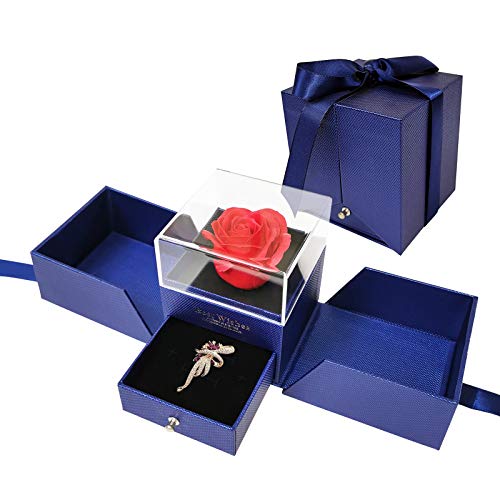 Regalos para San Valentin, Migaven Rosa Eterna, Flower Jewelry Caja de Regalo con Broche de Diamantes de Imitación Tarjeta de Felicitación para Mujer Su Novia Aniversario San Valentín Azul