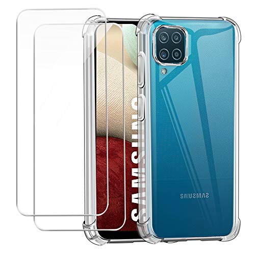 Reshias Funda para Samsung A12 con Dos Cristal Templado Protector de Pantalla, Suave TPU Transparente Gel Silicona Anti-caída Protectora Carcasa para Samsung Galaxy A12 (6,5 Pulgadas)