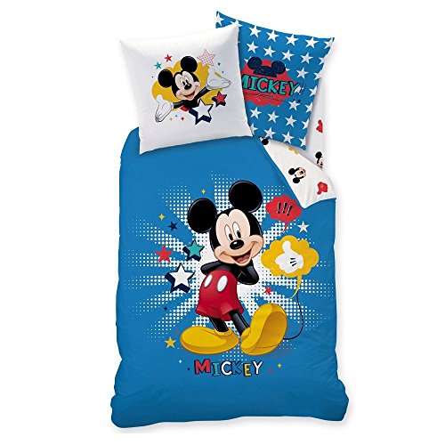 Ropa de cama infantil de Mickey Mouse con estrellas en azul, 2 piezas – Almohada de 80 x 80 + Funda nórdica 135 x 200 cm – 100 % algodón