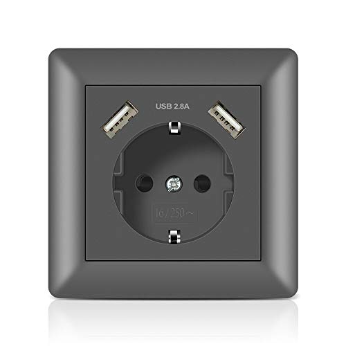 Schuko Enchufe de pared con USB 2.8A Gris, Kaifire Toma de corriente con 2 x USB System 55 Instalación empotrado - Cargador para Smartphone Tablet MP3