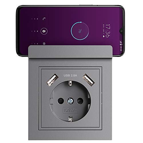 Schuko Enchufe de pared Toma Corriente pared con USB 2.8A Empotrado Enchufe Gris pared con Soporte p Schuko Enchufe de pared Toma Corriente pared con USB 2.8A Empotrado Enchufe Gris pared con Soporte p