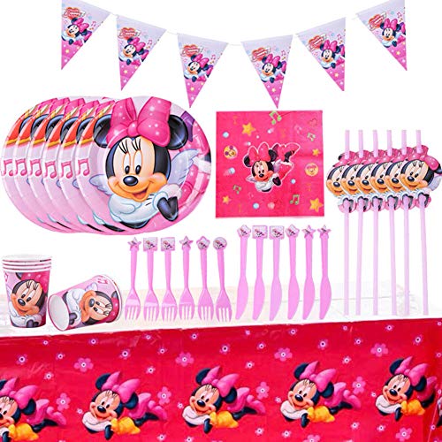Set de fiesta de cumpleaños de Minnie WENTS 53PCS Disney Minnie Mouse Party Decoration Set Platos Tazas Servilletas Pack de fiesta reciclable Minnie Mantel Sirve para 6 Invitados