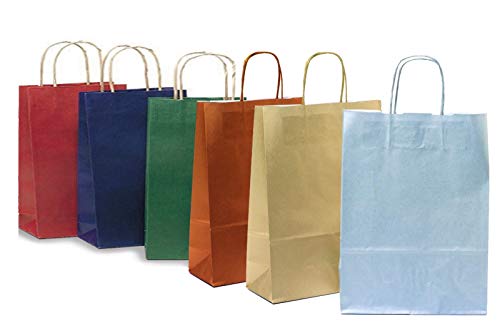 Shopper - Papel de colores con asa de cuerda surtida, en 12 colores y 3 tamaños diferentes (12 bolsas de 6 colores, 26 + 11 x 35 cm)