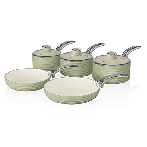 Swan SWPS5020GN Batería de Cocina Antiadherente, Cerámica, Incucción, 2 Sartenes 20/28 cm, 3 Cacerolas 16/18/20 cm, Verde, Metal, 29.5x47x18 cm, 5 Set