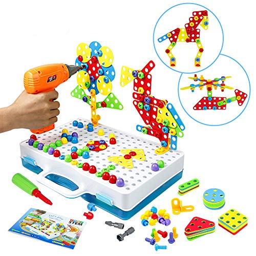 Symiu Juguetes Montessori - Juguete Construcción para Niños Puzzles 3D Mosaicos Infantiles con Divisible Taladro Eléctrico Juguetes Multiusos Herramienta Caja 3 4 5 Años
