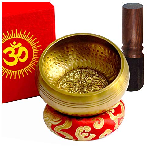 TARORO Cuenco Tibetano Ø12cm, Hecho a mano en Nepal ~ Diseño antiguo original ~ Vendido con un cojín de seda roja, un mazo y caja de papel Lotka roja ~ Para meditación de yoga ~ Un Regalo espiritual