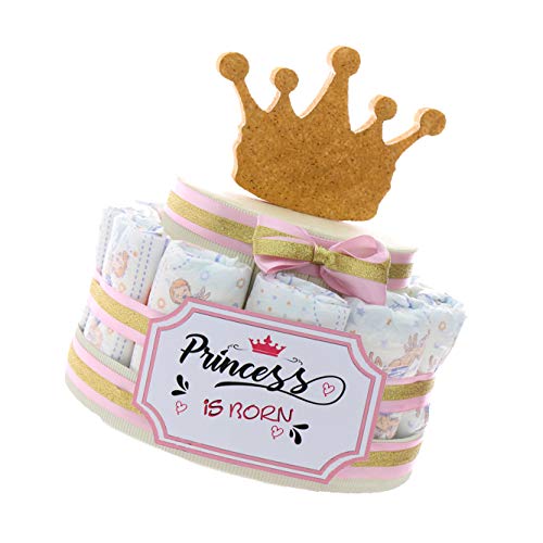 Tarta de pañales para primera infancia con corona de princesa para niña, idea de regalo original para nacimiento de bebé (tarta de 15 pañales)