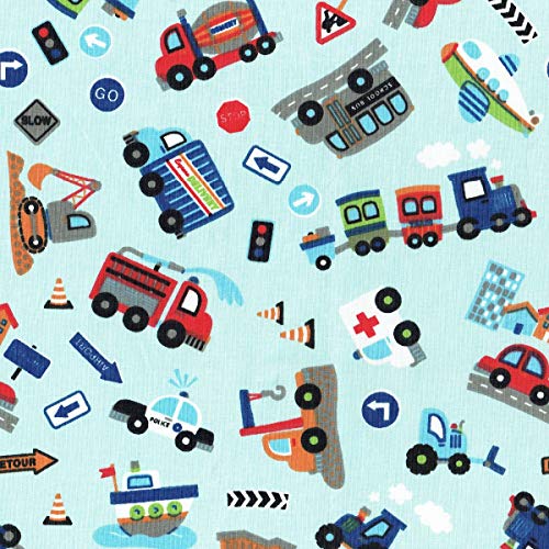 Textiles français Tela de algodón estampada - ¡Vamos! tela para niños - excavadora, tractor, tren, camión de bomberos, avión y más (fondo azul cielo) - 100% algodón | ancho: 160 cm (por metro lineal)*