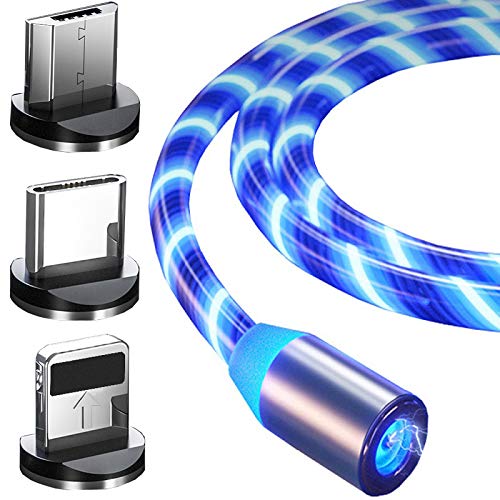 Top-Longer Cable de Carga USB Magnético con Luz LED de Flujo Visible, 3 En 1 Cables de Carga Micro USB Tipo C Cordones de Iluminación del Cable Conectores (Sin Transferencia de Datos) 1m Azul (2Pack)