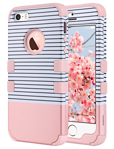 ULAK Funda para iPhone SE 2016, iPhone 5/5S Capa 3 en 1 híbrido Case a Prueba Golpes Dura Cubierta Trasera Shock Absorbente TPU Parachoques Caso para Apple iPhone 5/5S/SE - Franja de Oro Rosa