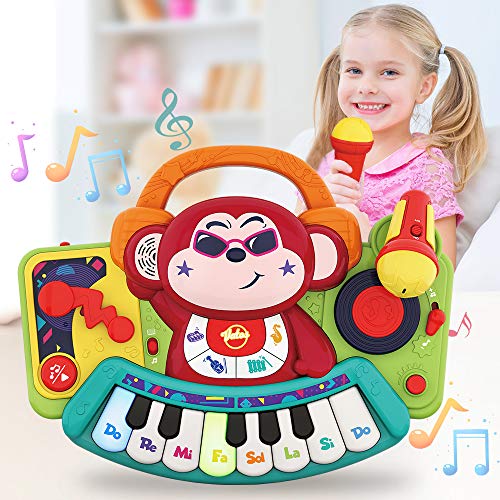 VATOS Juguetes musicales Piano para niños, Instrumento musical Piano de mono, Actividad de aprendizaje y desarrollo Juguete educativo para niños con micrófono y Niñas de 1 2 3 4 5 años