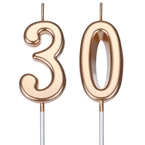 Velas de Cumpleaños de 30 Años Velas de Número de Pastel Velas de Torta de Feliz Cumpleaños Decoración de Tarta para Celebración de Aniversario Cumpleaños Boda (Dorado Champagne)