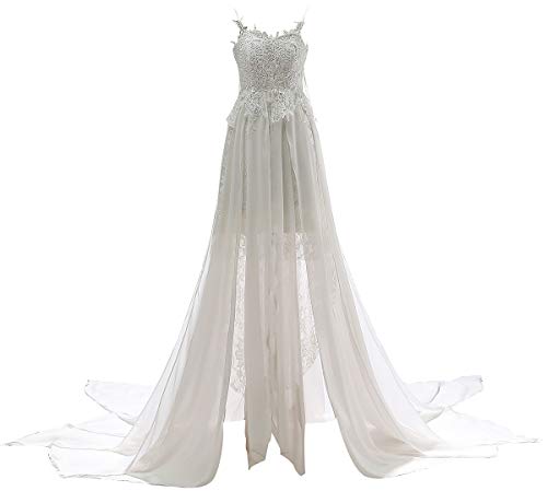 Vestido de novia bohemio de gasa con tirantes finos, línea A, sexy, sin espalda, para la playa, estilo rústico beige 50