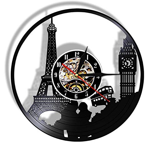 Wangzhongjie Reloj De Pared De Cuarzo Silencioso con Disco De Vinilo Temático De Viaje De París, Londres, Torre Big Ben, Hito De Viaje Único, Reloj Colgante Retro
