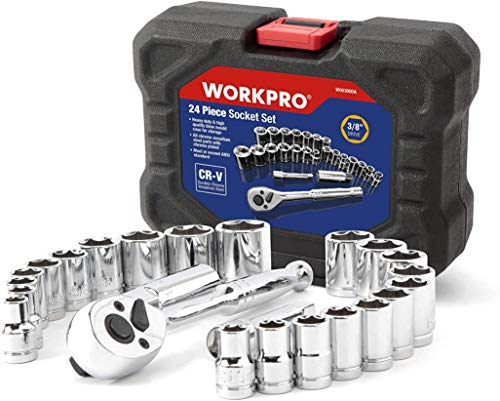 WORKPRO 24 Piezas- Juego de llaves de vaso con carraca de 3/8 ", Juego de Llaves de Vaso Cr-V, incluye Llave de Trinquete,Ideal para bricolaje, reparación de automóviles