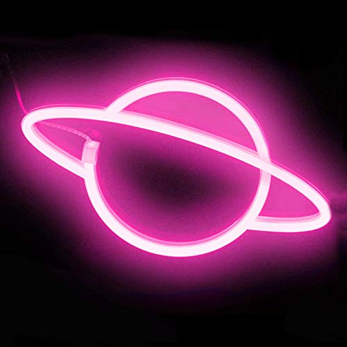 Wovatech Planet Neon Signs - Letreros de neón con base LED Lámpara de mesa Luces Azul Rosa Luz nocturna - Funciona con batería o USB para decoración de habitación de niños Fiesta de cumpleaños Boda
