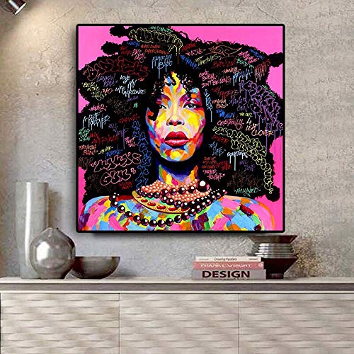 wZUN Retrato de Mujer afroamericana Abstracta Lienzo Pintura Carteles e Impresiones escandinavo Cuadro de Arte de Pared de Sala de Estar 50x50cm