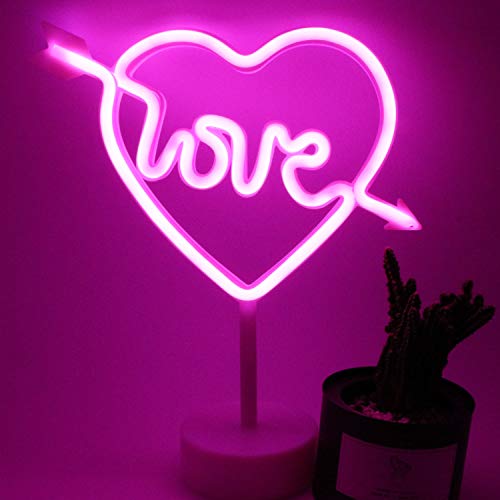XIYUNTE Amor Señales luminosas neón Luz de noche, rosado Amor luces de neón Lámparas Iluminación infantil nocturna Dormitorio Decoración,Batería y USB alimentado Luces de noche con pedestal Lámparas