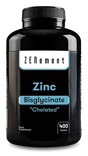 Zinc 25 mg (Bisglicinato), CHELADO, 400 Comprimidos | Antioxidante, ayuda al sistema inmunológico, piel, cabello y vista | Vegano | de Zenement