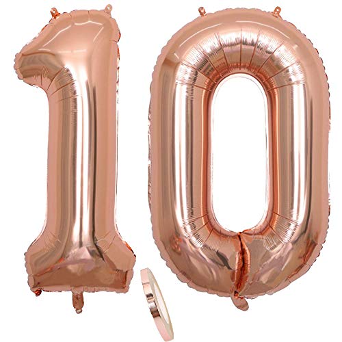 2 Globos Número 10 Años, Number 10 Globo Chica de oro rosa, 40"Figuras de globos con globo de lámina de helio inflable, Globo gigante para la decoración de la fiesta de cumpleaños, Prom (xxxl 100cm)