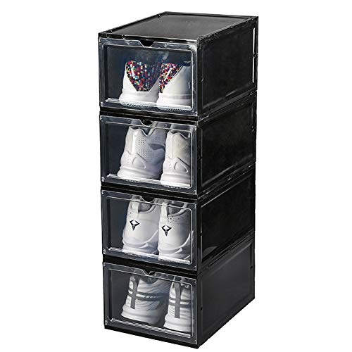 4 x Cajas de Zapatos Plástico, Caja Guardar Zapatos, Calcetines, Cinturones para la Organización de Hogar, Oficina, 34cm*25cm*18cm (Colores Blanco y Negro Opcionales),Negro