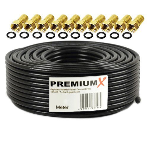 50m Cable coaxial PremiumX Deluxe Pro de Negro 135dB Cable de Antena Sat de Cobre Pur blindado de 5 vías con 10x F - Conector