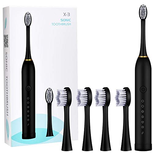 6 Modos Cepillo Eléctrico Sónico de Dientes Cepillo Eléctrico Recargable de Dientes con Temporizador de 2 Minutos y 4 Cabezales de Repuesto para Cepillo de Dientes para Adultos (Negro) 6 Modos Cepillo Eléctrico Sónico de Dientes Cepillo Eléctrico Recargable de Dientes con Temporizador de 2 Minutos y 4 Cabezales de Repuesto para Cepillo de Dientes para Adultos (Negro)