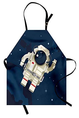 ABAKUHAUS Astronauta Delantal de Cocina, Exploración del Hombre y Que agita, Lavable Largo Ajustable Colores Nítidos Durables, Azul Oscuro Gris Amarillo