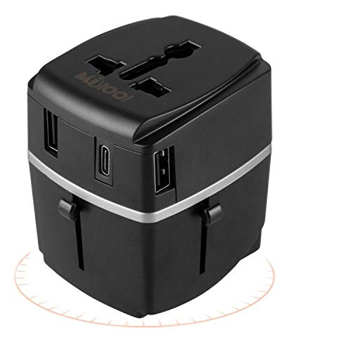 Adaptador de viaje, MiloolCargador 3 Puertos USB Y Tipo-C , Adaptador Enchufe Universal Con Fusible de Corriente 8A y 3A para EU, USA, AU, Ingles, AUS y más de 150 países (negro)