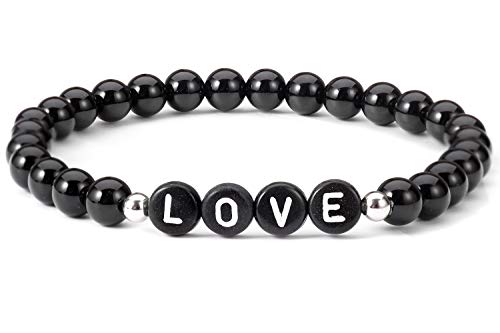 Alfabeto Pulsera Letra Amor Negro Ónix Pulsera de piedras preciosas Estiramiento Cuerda Cuentas Joyería de moda para mujeres, niñas, esposa, ella, mamá.