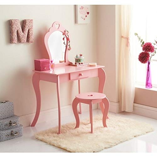 Amelia - Juego de tocador con taburete y espejo para niños, color rosa