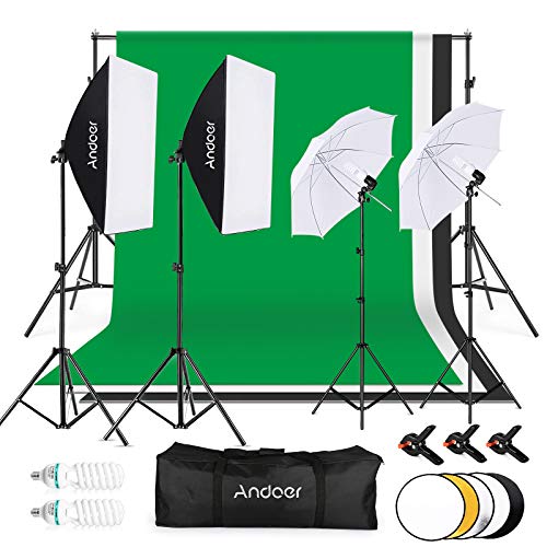 Andoer Kit Fotográfico Estudio,1.8x2.8m Tela de Fondo(Negro/Blanco/Verde) con Sistema de Soporte,Softbox de 135W,Paraguas de Luz Suave de 45W,iluminación Profesional para Fotografía y Vídeo