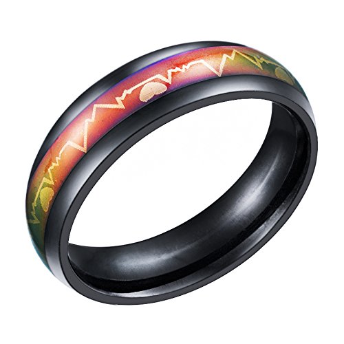 Anillo de acero de titanio color negro, con termo-sensor que cambia de color con los estados de ánimo, latidos del corazón. Tamaño de los anillos 6 – 10, Size 6, 16.5mm