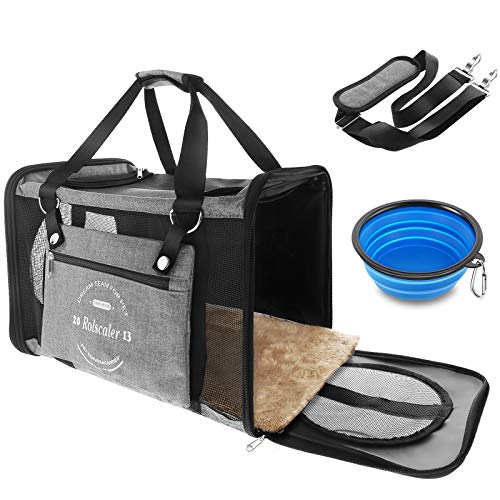 Anykuu Transportín Gato Perro, Bolsa de Transporte Plegable Portátil y Transpirable, Transportin para Mascotas, 47 * 27 * 28CM, Bolso de Viaje Impermeable con Cuenco Plegable, Resistente a Rayones