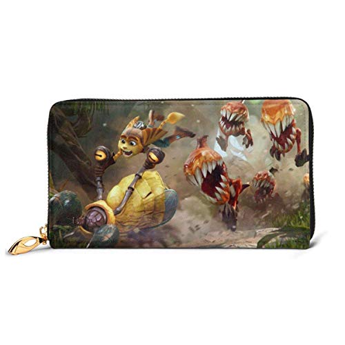 AOOEDM Ratchet Clank Rift Apart Cartera con Bloqueo de Cuero Genuino Cartera con Cremallera Alrededor del Titular de la Tarjeta Organizador de Embrague