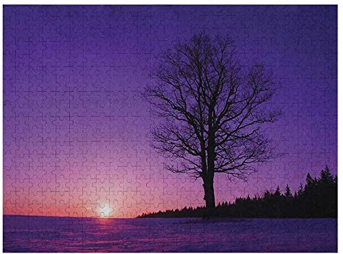 Árbol 3D Puzzle 500 piezas, roble al atardecer campo nevado invierno naturaleza paisaje desierto escena impresión, negro puple