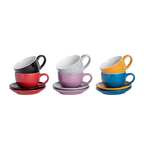 Argon Tableware 12 Piezas de Color Cappuccino y platillo Set - té de Porcelana Estilo Moderno y Tazas de café - 6 Colores - 250ml Argon Tableware 12 Piezas de Color Cappuccino y platillo Set - té de Porcelana Estilo Moderno y Tazas de café - 6 Colores - 250ml