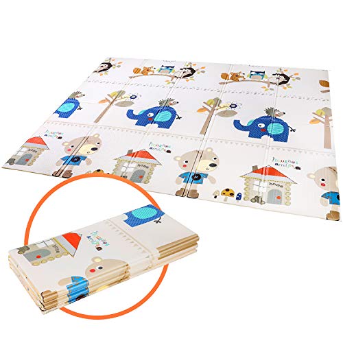 Bamny Alfombra de Juego para Niños de 200x180x1cm, Alfombra de Espuma XPE, Antideslizante, Plegable Portátil, Impermeable en ambos lados(Patrón de la Casa del Árbol)