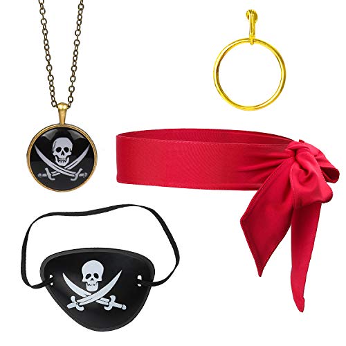 Beelittle 4 Piezas Juego de Accesorios para Disfraz de capitán Pirata Lazo Rojo Cabeza Pañuelo Envoltura Bandana Pirata Parche en el Ojo Collar con aretes Dorados Kit de Accesorios para Piratas (D)