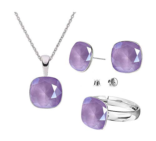 Beforya Paris – Juego de pendientes de plata 925 Square – Lilac – Juego de pendientes – Collar y anillo ajustable de Swarovski® – Joyas con caja de regalo gratis