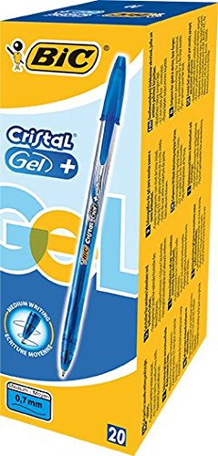 BIC Cristal Gel+ bolígrafos punta media (0,7 mm), caja de 20 unidades, color azul – bolígrafos tinta en gel para escritura suave