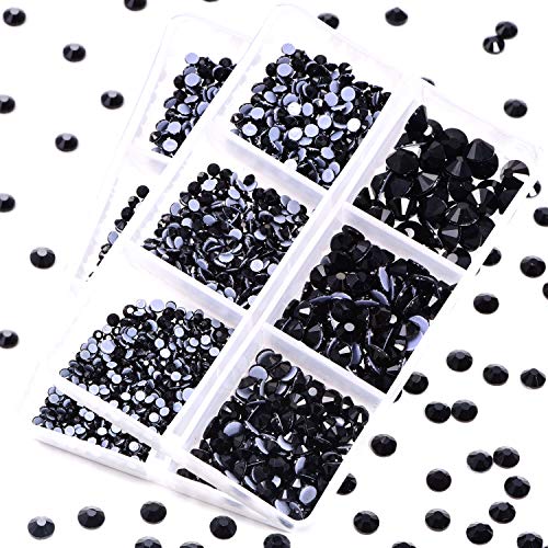 BLINGINBOX Hotfix - Juego de 2 cajas en total de 2500 piezas de cristales redondos de tamaño mixto y piedras de cristal con parte trasera plana para bisutería (negro, 6 tamaños)