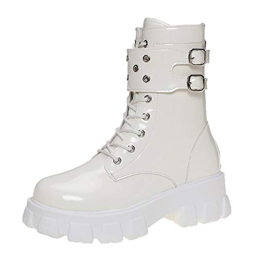 Botas de moto de la plataforma gruesas para mujer, de piel cálida, terciopelo redondo, impermeables, plataforma con cordones, zapatillas de taco, zapatillas de moda, color blanco, 36 Botas de moto de la plataforma gruesas para mujer, de piel cálida, terciopelo redondo, impermeables, plataforma con cordones, zapatillas de taco, zapatillas de moda, color blanco, 36