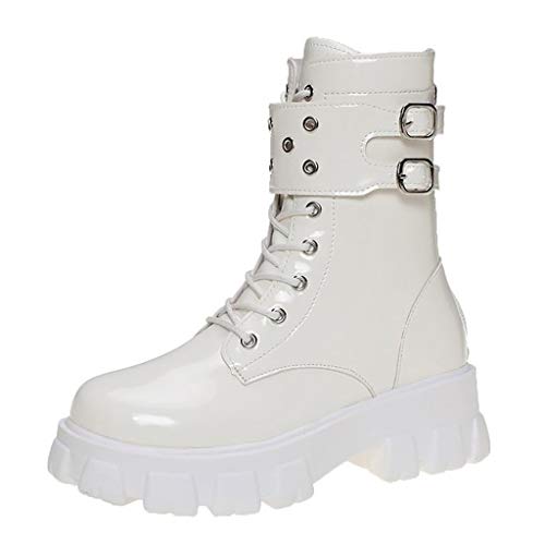 Botas de moto de la plataforma gruesas para mujer, de piel cálida, terciopelo redondo, impermeables, plataforma con cordones, zapatillas de taco, zapatillas de moda, color blanco, 36